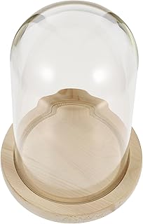 Cloche en Verre Transparente 12X21 CM avec Socle Bois Naturel Couvercle Décoratif pour Fleurs Préservées Mini Couverture d
