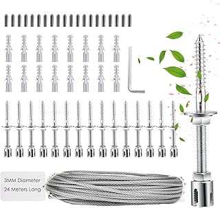 Support pour Plantes Grimpantes, 24m Corde en Acier Inoxydable à Suspendre Kit avec 3mm Cable INOX et 16 Tendeurs, pour Jardin/Mur Béton/Clôture Câble/Bois Massif (24m)